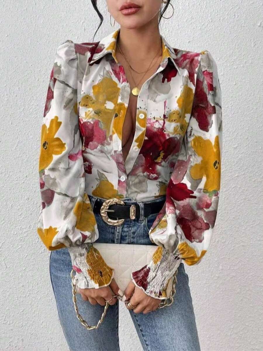 Floral Print Button Front Lantern Sleeve Shirt, Vacation