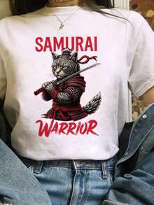 Samurai Cat Pattern Women's Short Sleeved Japanese T-Shirt Casual Round Neck Street Cartoon Style  Harajuku Top T-Shirt.Jpg - 白色4 - 查看 1