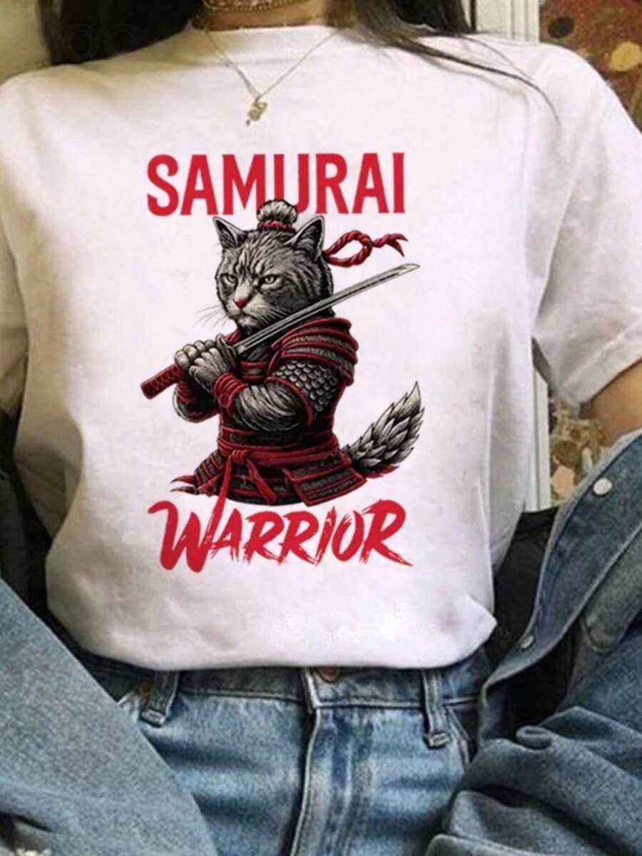 Samurai Cat Pattern Women's Short Sleeved Japanese T-Shirt Casual Round Neck Street Cartoon Style  Harajuku Top T-Shirt.Jpg - 白色4 - 查看 1