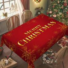 1pc Christmas Red & Gold Snowflake Letter Rectangular Tablecloth, Holiday Dining Table Decor, Suitable For Family Gatherings, Living Room, Dining Room, Christmas Themed Events, Durable Polyester Fabric