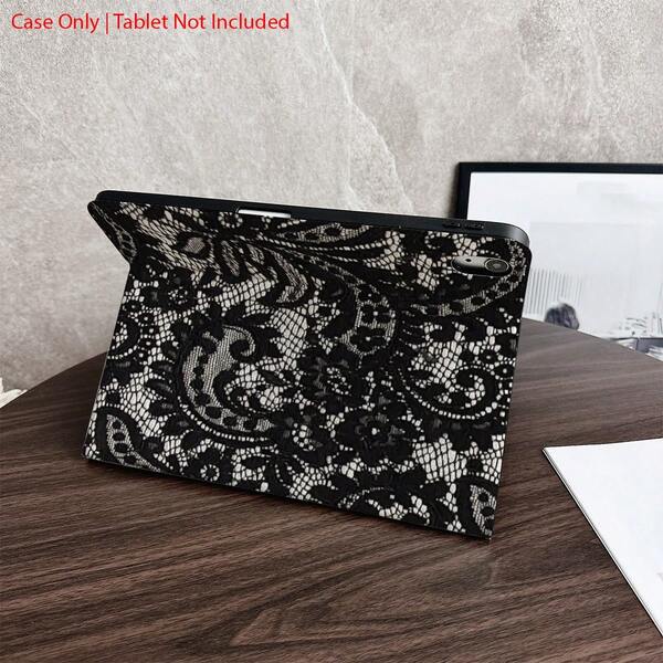 1-częściowy czarno-biały koronkowy ochronny pokrowiec na tablet z wzorem - idealny dla poszukiwaczy elegancji i miłośników stylu vintage (trendy: akcesoria do tabletów vintage) z uchwytem na długopis, kompatybilny z iPad Pro (M5)/iPad Air (M3)/iPad 11"(A16)/iPad 10.9/10.2/Air 5. generacji/Pro11/10.7/Air 2/iPad (7. generacji)/iPad (8. generacji)