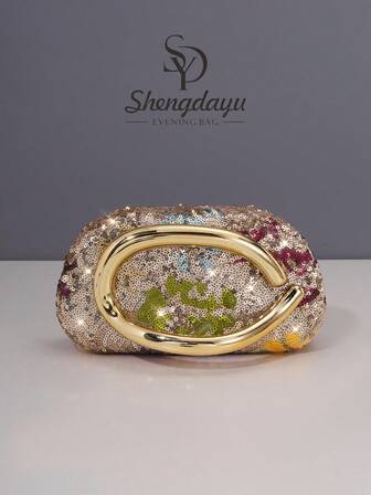 1pc Shiny Sequin Elegant Colorful Sequin Fashion Metal Wristlet Party Clutch Bag, Suitable For Women's Party, Wedding, Formal Dinner, Gala, Party Girl, Lady, Female, Perfect For Gathering, Wedding, Prom, Formal Dinner/Gala, Best Gift For Women, Flower Bag