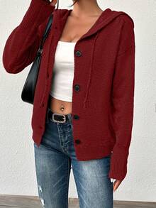 大码女式纯色纽扣抽绳开衫，长袖轻薄单排扣休闲商务毛衣 - 深紅色 - 查看 4