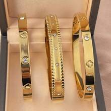 18K Gold Plated Stainless Steel Heart & Four-Leaf Flower Bracelet, Suitable For Women's Party, Daily Wear, European & American Style, Personalized, Luxury Cubic Zirconia Wristband, Wedding Jewelry Set, Gift For Girls, Women, Relatives, Friends, Beautiful Wedding, Birthday, Valentine's Day