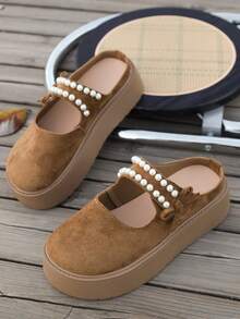 Perlenschlaufen-Schlupfschuhe mit Schleife, retromodische bequeme Flache Schuhe, modische vielseitige Dicksohlen-Flats, Herbst/Winter Neuer Stil