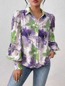 Women's All-Over Floral Print Button Down Casual Shirt Vacation Spring - Purple - View 3