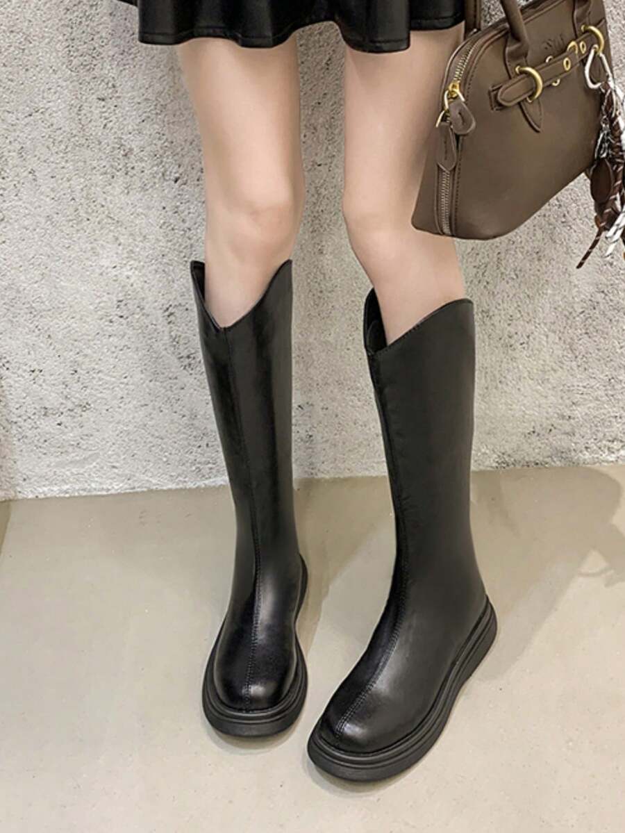 Western Style Side Zipper Holiday Thick Sole 4cm New V-Shaped Women's Autumn/Winter Riding Boots, Suitable For Plus Size Calves, Tall Shaft Boots - Black - View 1