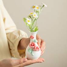 1 pieza Jarrón de flores pequeño minimalista hecho a mano de cerámica, jarrón de porcelana blanca de Dehua, decoración artística para el hogar, accesorio de escritorio de oficina, decoración moderna blanca para el hogar, decoración de habitación, jarrón de vidrio