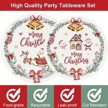 Un conjunto de 105 piezas de platos, servilletas, vasos, pajitas y decoraciones desechables con temática navideña, con un estilo fresco y lindo con patrones de fondo de campanas de Papá Noel. Este conjunto de vajilla desechable es adecuado para fiestas de Navidad, fiestas de cumpleaños y otras reuniones.