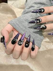 10Pcs Purple Cat Eye Love Butterfly Rose Press On Nails, Long Pointed Punk French Fake Nails, Valentine Rhinestone Acrylic Nail Tips, Reusable DIY Nail Kit With Jelly Glue & Nail File - Purple - View 3