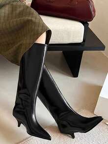 Botas Ankle de Haste Reta Femininas, Estilo Vintage de Cavaleiro, Bico Fino, Salto Fino, PU Preto Brilhante, Outono/Inverno