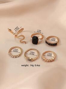 Set de 6 anillos ajustables con forma de serpiente de cristal verde con estilo bohemio para mujeres