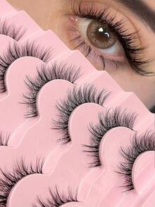 7 Pairs Natural Messy Cat Eye False Eyelashes, Transparent Band, Cat Eye Makeup Effect, Thin & Long, Extended Outer Corner, Soft & Natural Looking False Lashes - 貓眼假睫毛 2 - 查看 4