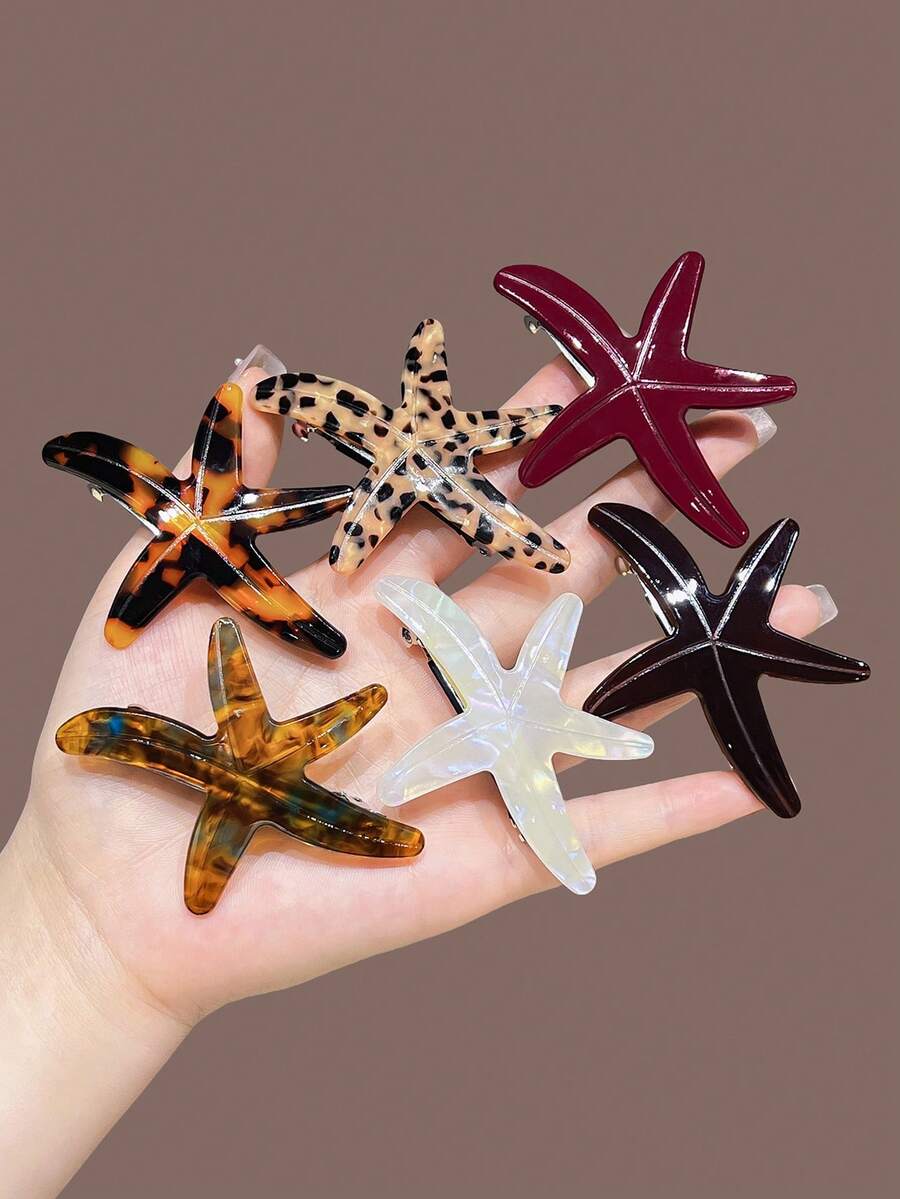 1pc Women's 7.5cm/2.95in Brown, White, Red, Tortoiseshell Ombre Acetate Starfish Hair Clip, Fashion Versatile High-End Elegant Simple Solid Color Edge Hair Accessory Suitable For Daily Casual, Party, Commute, Beach, Vacation, Ponytail, Bun, Face Washing, Makeup, Outfit Matching, Claw Clips, Hair Claws, Hair Slide, Hair Barrettes