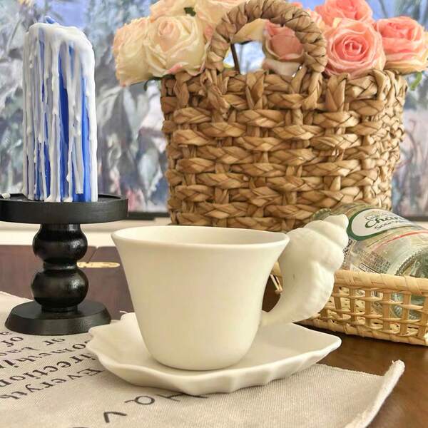 1 Juego de taza y platillo de café de cerámica, taza de té de la tarde de lujo europea con concha, taza de café con relieve de concha vintage, taza para pareja, regalo de Navidad, Día de San Valentín, Halloween