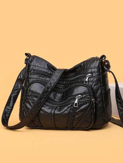 女士纯色大容量手提包，多拉链口袋复古优雅斜挎包，小皮带拉链手柄，编织装饰，防水 PU 防盗户外购物妈咪包，轻便便携小袋，可装手机和硬币，适合购物、聚会、商务