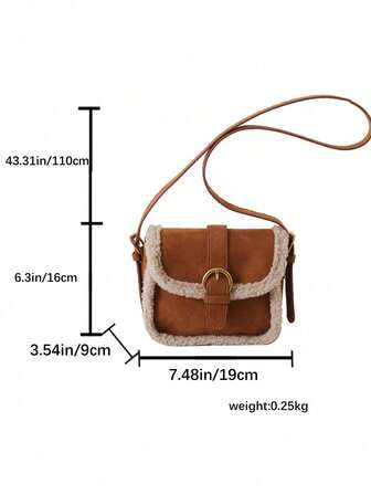 1pc Mini Fuzzy Deer Suede Plush Trim Flap Magnetic Closure Small Square Shoulder Bag, Warm Winter