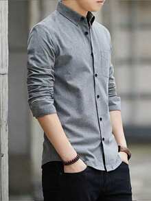 男士经典蓝色纯色长袖衬衫，绅士优雅商务休闲装，适合秋季 - 灰色 - 查看 2