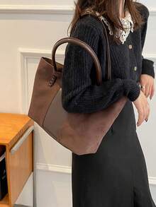 Faux Leather Minimalist Large Capacity Stitch Detail Faux Suede Shoulder Tote Bag, Suede Bag Purse, Newest Fashionable Suede Bag For Women, Perfectly Matching With Fall Outfits Womenfall Clothes For Women - 咖啡棕 - 查看 6