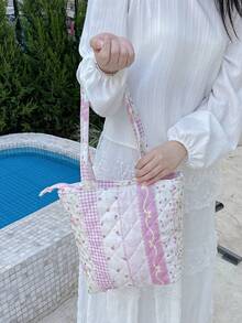 1 pièce Sac à main matelassé à motif floral, sac à bandoulière de voyage, sac fourre-tout à nœud et motif floral, sac de voyage à la mode, sac de courses, sac d'école, sac à déjeuner, grande capacité, sac de rangement pour aliments et fruits, boîte à déjeuner, pochette à bento, sac non isolant pour dîner, joli sac à déjeuner