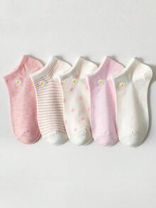 10 Pairs (Random Shipped) Women Embroidered Floral Pattern Casual Short Socks, Suitable For Daily Wear