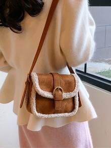 1pc Mini Fuzzy Deer Suede Plush Trim Flap Magnetic Closure Small Square Shoulder Bag, Warm Winter