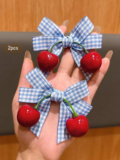 2pcs Cute Cherry Bow Hair Clips, Sweet Style Hair Accessories Suitable For Daily Use, Affordable Hair Decor
