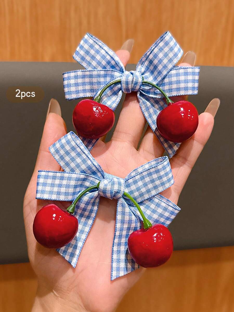 2pcs Cute Cherry Bow Hair Clips, Sweet Style Hair Accessories Suitable For Daily Use, Affordable Hair Decor