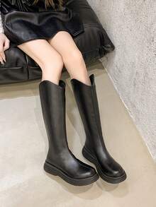 Western Style Side Zipper Holiday Thick Sole 4cm New V-Shaped Women's Autumn/Winter Riding Boots, Suitable For Plus Size Calves, Tall Shaft Boots - Black - View 3