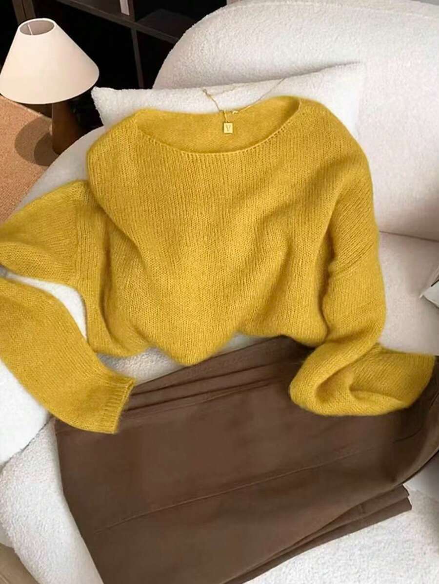 Loose Soft Cozy Slouchy Versatile Fashion Solid Color Sweater For Outerwear And Layering Yellow Fall - Yellow - View 1