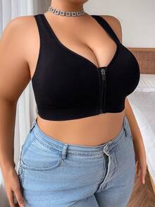 Plus Size Women Seamless Wireless Comfortable Breathable Bra, Full Coverage Supportive Sports Camisole With Wide Straps - Black - View 5