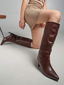 Giày bốt cao gót kitten heel da lộn màu nâu mới thu/đông, đa năng, bốt nữ, giày bốt kitten heel - Màu Đỏ Sâu - Xem 7