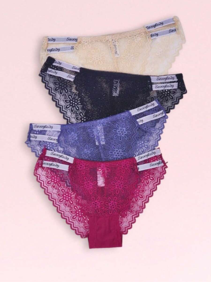 Conjunto 4 Calzones para Dama Corte V, Diseño de Encaje Floral, Detalle de doble Resorte, Ligeros y Cómodos. - Multicolor - Ver 1