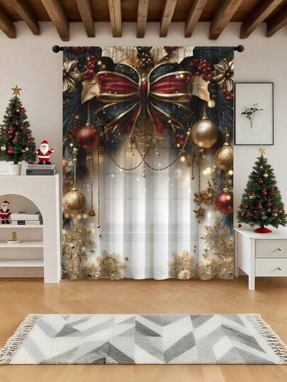 1pc Luxury European Style Christmas Door Curtain - Made Of Polyester Fiber, Decorated With Christmas Bow, Golden Snowflakes, Colorful Balls, And Painting Accents, Easy To Hang On Rod, Suitable For Living Room, Bedroom, Office, And Holiday Home, Living Room Curtain