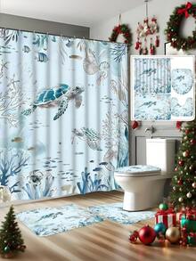 Ensemble de 4 pièces de rideau de douche de salle de bain avec motif tortue, comprenant un rideau de douche imperméable, un tapis de bain, un couvre-siège de toilette et un tapis en U - Ensemble de décoration de salle de bain lavable avec motif de dessin animé, cadeau de Noël et d'Halloween parfait pour les amis et la famille