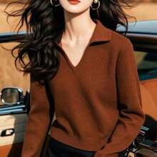 V-Neck Long Sleeve Knit Sweater For Women, New Stylish High-End Layering Or Standalone Top