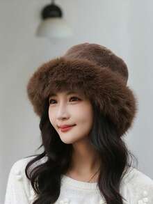 Cappelli classici di colore unito da donna per autunno/inverno, cappello a secchiello in finta pelliccia arricchito, nuovo stile mongolo in colore unito casual in pile di poliestere con decorazioni in pelliccia morbida per l'autunno