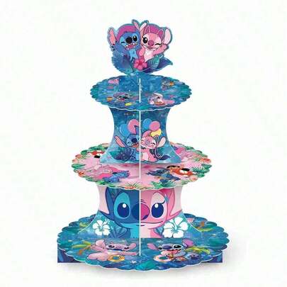 1set Interstellar Baby Stitch Birthday Party Cake Rack, 3rd Floor Dessert Stand, Paper Cake Tower, Party Decoration Supplies