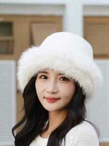Classic Solid Color Autumn/Winter Women's Bucket Hat, Thickened Fluffy Fashion Simple Design, Mongolian Style, Polyester Fiber Soft Fleece Decoration, Casual Winter Warm
