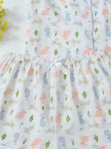 [Elegant Fields]Komplet piżamowy dla kobiet, uroczy top z nadrukiem króliczka, krótkim rękawem, kieszenią i kołnierzykiem oraz szorty z kokardką, bielizna nocna i odzież domowa - Biały - Zobacz 5