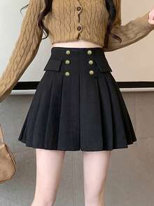 纽扣装饰羊毛百褶裙，高腰A字裙，秋冬学院风