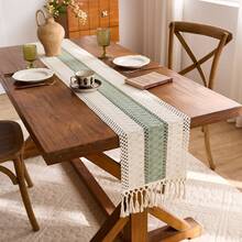 Handmade Woven Boho Farmhouse Style Tassel Table Runner - Suitable For Dining Tables, Round Coffee Tables And Rustic Spring Home Decor, Perfect For Wedding Receptions, Outdoor Parties, Valentine's Day Decor And Ramadan Decor. Rectangular Design, Fits Home And Dining Room Spring Decor, Can Be Used As Kitchen Dining Table Centerpiece, Decorative Table Accessory And Rustic Decor. Exquisitely Woven, Durable. - Green - View 7