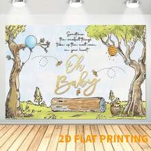 Fondo de fotografía de poliéster 2D, fondo de dibujos animados de oso de acuarela vintage lindo, abeja cielo azul árbol verde decoración de fiesta de cumpleaños, fondo, regalo ducha decoración horizontal banner decoración cabina de fotos