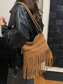 Large Capacity Fringed Rivet Decorated Envelope Bag, Fashionable American Style Crossbody Bag, Versatile Ins Shoulder Bag - Brown - View 6