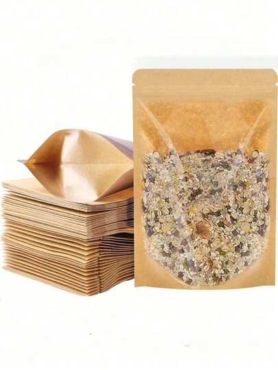 50pcs Brown Kraft Paper Bags, Front Transparent Zipper Design, Reusable Sealed Bags Suitable For Nuts, Coffee, Tea, Candy, Food Storage Packaging, Kitchen Accessories, Kitchen Essentials, Food Storage Organization, Kitchen Storage