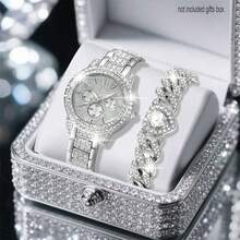 Women's Watch Set, Fashionable & Elegant Round Quartz Watch With Diamond Decor Bracelet, Suitable For Daily Wear, Birthday Gift Set (Excluding Gift Box) - Silver - View 8