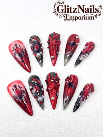 10 piezas de uñas postizas de uso manual puro de 33 mm de tacón alto y delgado, uñas largas rojas, gafas de sol rosas, artesanía de rosa francesa y artesanía de degradado de colores múltiples, decoración adecuada para que las mujeres usen en una variedad de ocasiones como fiestas, bailes y uso diario, con tres tamaños a elegir