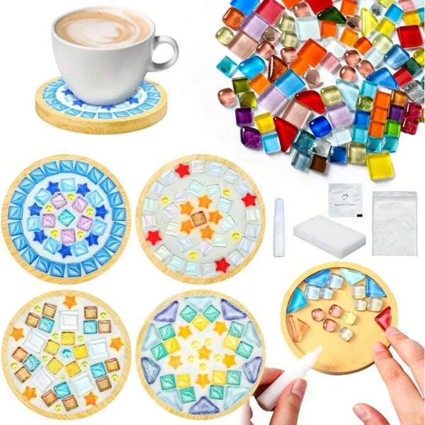 DIY Coaster Set, Handmade Mosaic Tiles, Mixed Color Glass Mosaic Kit, Suitable For Adults To Handcraft Painted Glass Mosaic Tile Coasters, Homemade Gifts For Father's Day, Christmas, Halloween