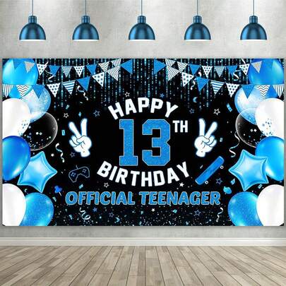 1pc 13th Birthday Decorations For Boys Official Teenager Happy 13th Birthday Banner 82.7 * 59.1/59.1 * 39.4/39.4 * 29.5 Inch Cheers 13 Years Old Birthday Party Backdrop