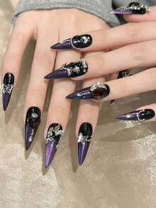 10Pcs Purple Cat Eye Love Butterfly Rose Press On Nails, Long Pointed Punk French Fake Nails, Valentine Rhinestone Acrylic Nail Tips, Reusable DIY Nail Kit With Jelly Glue & Nail File - Purple - View 4
